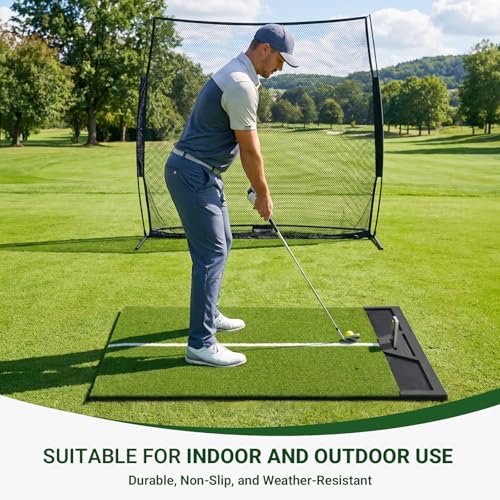Golf Hitting Mat 5x4ft for Indoor Outdoor Backyard, 26mm Thick Golf Practice Mat with Phone Holder & Ball Tray, Heavy Duty Artificial Turf Driving Range Golf Simulator Mat with Alignment Line by VOMYRAL - Used condition - Image 6