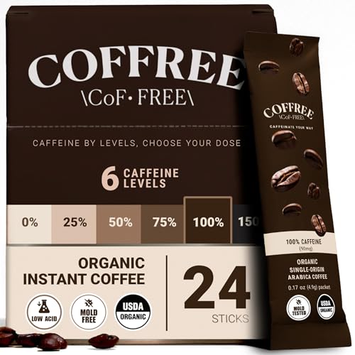 COFFREE Organic Instant Coffee Packets - 100% Caffeine, Low Acid, Mold Free Coffee Made with Medium Roast Arabica Coffee Beans - Smooth & Rich Taste - Hot or Cold Single Serve Packets 24 Pack Box
