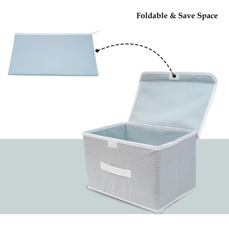 Image of Foldable Non-Woven Big Storage Box with Lid and Handles, Grey, Multipurpose Organiser for Clothes and Toys, Pack of 2