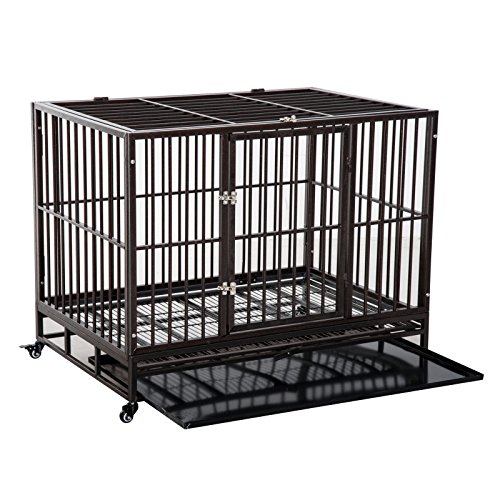 Pawhut 42" Heavy Duty Dog Crate Metal Cage Kennel With Lockable Wheels, Double Door And Removable Tray, Brown #TOP6