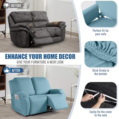 Image of TAOCOCO Recliner Loveseat Slipcover, 2 Pieces Polyester Fabric Stretch Sofa Covers for 2 Seat Reclining Couch, Soft Washable Furniture Protector with Pockets (2 Seat, Aqua Blue)