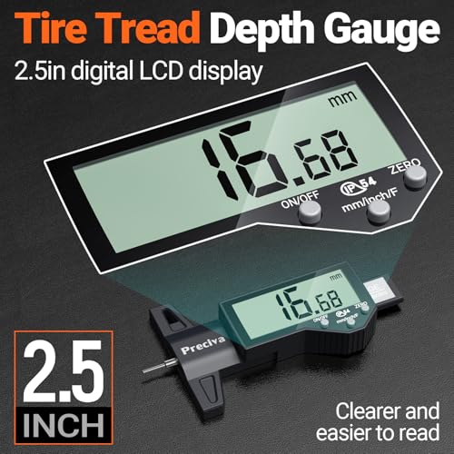 Image of Preciva Tire Tread Depth Gauge & Brake Lining Gauge Set, Digital Tire Depth Gauge with Large LCD Display and in, MM, F Conversion, for Tread Depth, Brake Shoe and Pad Wear