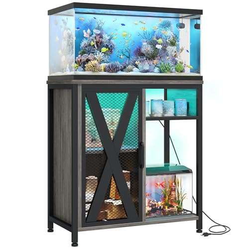 Image of YITAHOME Fish Tank Stand with Power Outlets & LED Light, 20-29 Gallon Metal Aquarium Stand with Cabinet for Fish Tank Accessories Storage for Turtle Tank, Reptile Terrarium, 350LBS Capacity, Grey