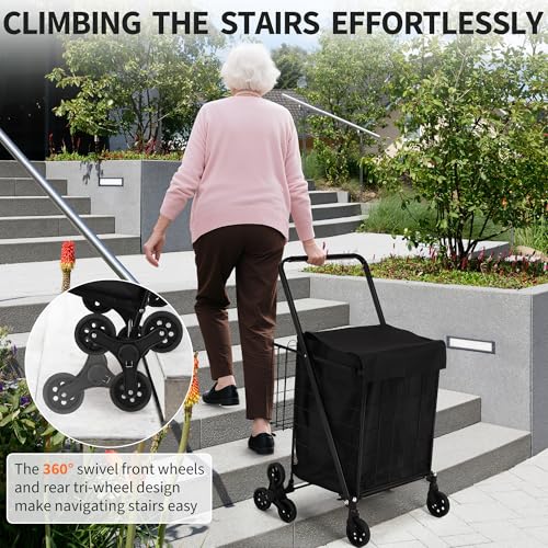 Grocery Shopping Cart, Stair Climbing Shopping with Waterproof Basket Liner & 360° Rolling Swivel Wheels, Portable Collapsible Grocery for Laundry, Luggage Camping, Black