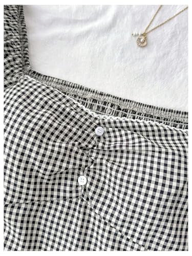 Milumia Girl's Plaid Puff Short Sleeve T Shirt Sweetheart Neck Flared Hem Tops3