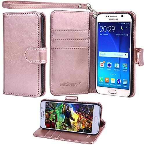 Wisdompro S6 Case, Premium PU Leather 2-in-1 Protective Folio Flip Wallet Kickstand Case with Credit Card Holder Slots and Wrist Lanyard for Samsung Galaxy S6 - Rose Gold