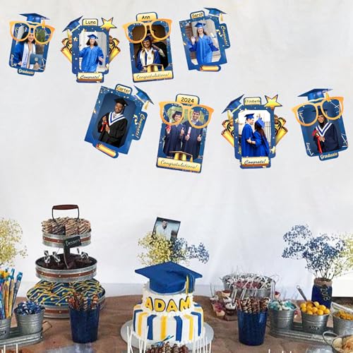 Image of pinkblume Graduation Party Decorations Navy Blue and Gold Grad Photo Banner Royal Blue Gold Congrats Grad Photograph Bunting Garland for 2026 Graduation Celebration Party Decorations Supplies