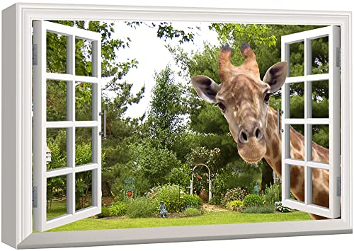 wall26 Canvas Print Wall Art Window View 3D Giraffe Illusion in Forest Nature Wilderness Modern Art Scenic Colorful Ultra for Living Room, Bedroom, Office - 32"x48"