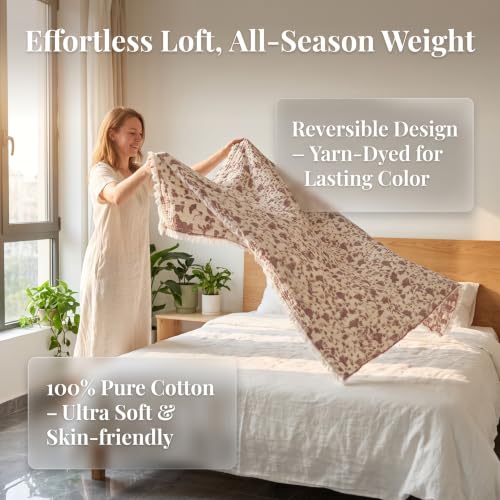 Image of King 100% Cotton Muslin Blanket with Tassel All Seasons Blush 4-Layer | Breathable, Soft & Lightweight, Crinkle Texture, for Bed Couch Sofa, Throw, Shawl, for Hot Sleepers, Home Decor