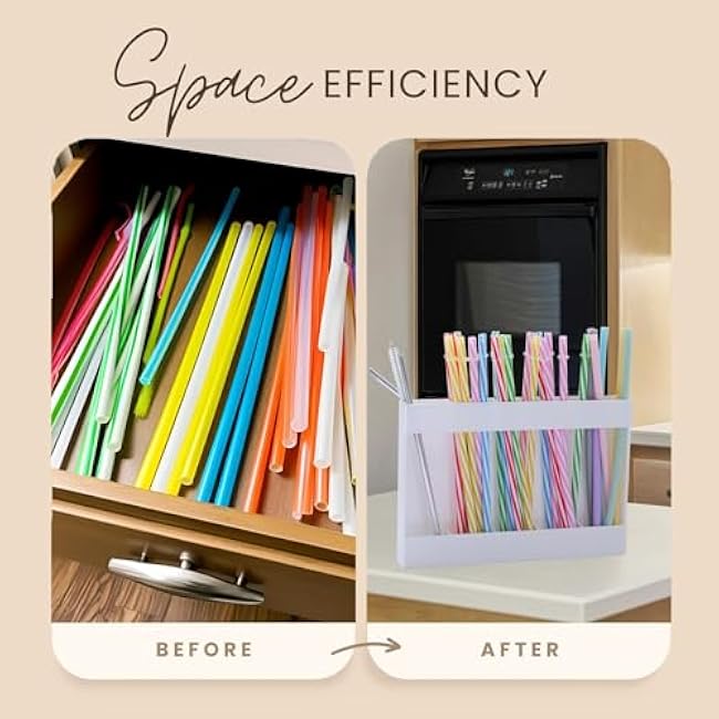 Straw Organizer Holder for Cabinet Door | White Acrylic Straw Dispenser with Double-Sided Tape | Kitchen Countertop Storage for Reusable Straws, Utensils, and Accessories