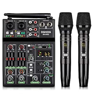 Professional Audio Mixer, 4 Channel Sound Mixer With Dual Wireless Mic, Sound Board Console MP3 Bluetooth 48V Phantom Power USB Interface DJ Mixing for Home Karaoke Party Computer Studio Recording