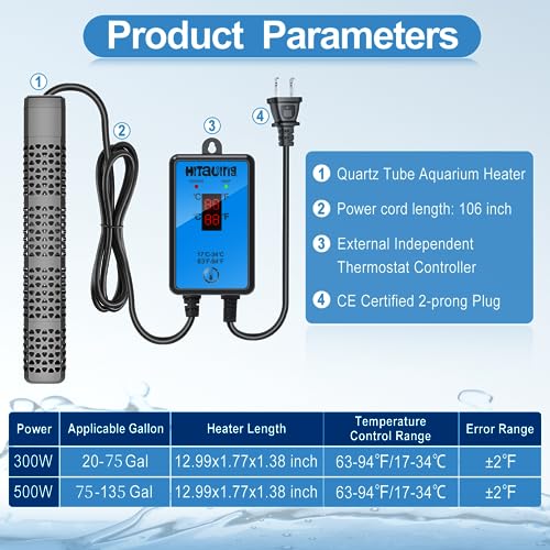 Hitauing Aquarium Heater, Upgraded 300W/500W Fish Tank Heater With Intelligent Leaving Water Automatically Stop Heating And Advanced Temperature Control System thumb #5