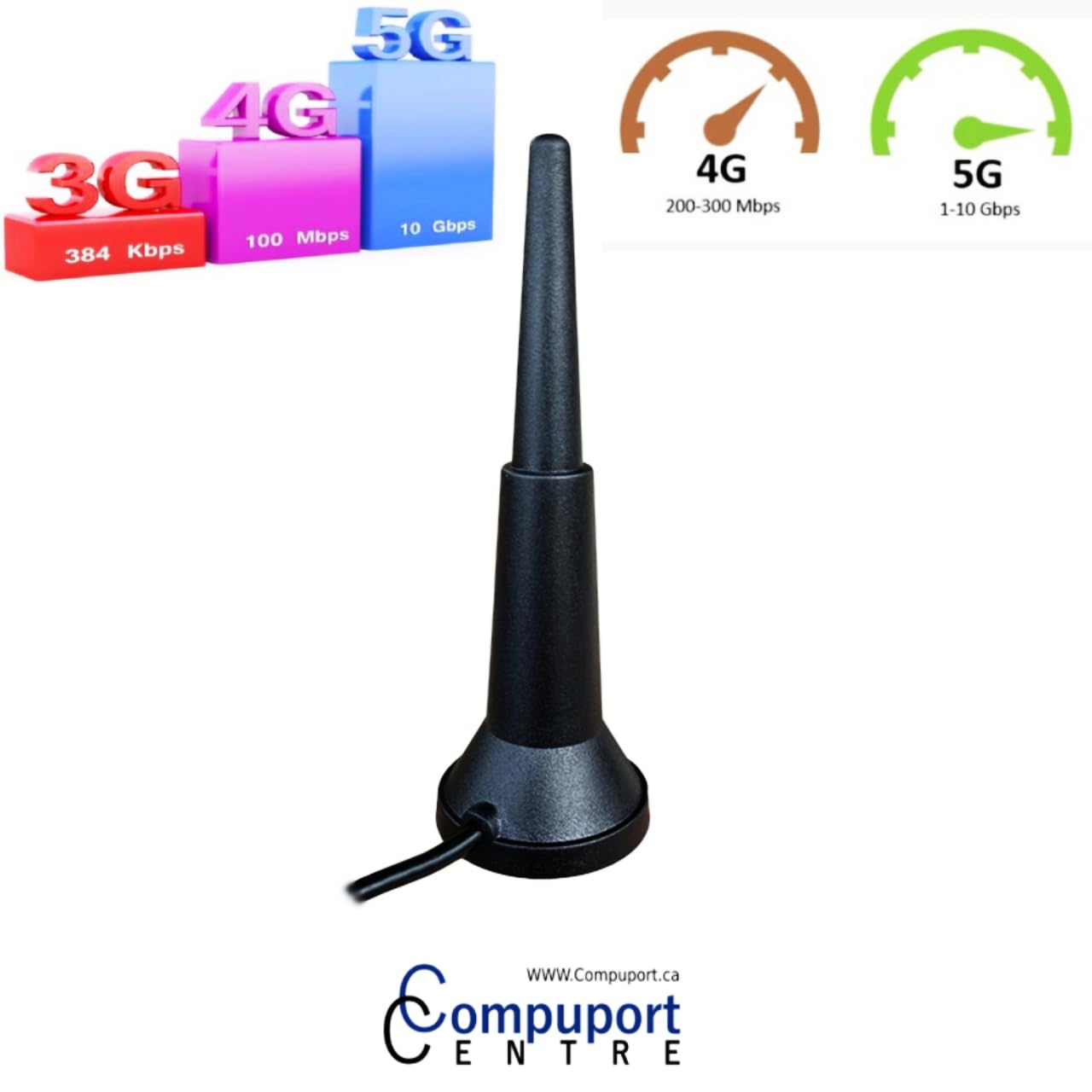 CompuPort 5G LTE 600-6000MHz Omni-Directional UWB Wideband Magnet Mount Antenna with SMA Male and 15' RG174 Cable.