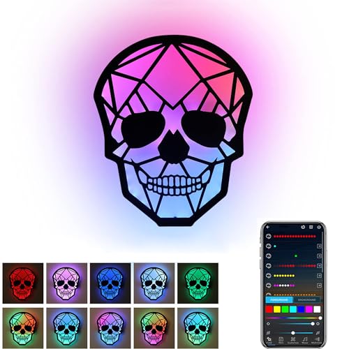 Image of Battery Wall Lamp with RGB Color and Changing APP, Magnetic Cordless Skull Wall Sconces with Music Rhythm, Modern Smart LED Bedside lamp for Bedroom Living Rooms