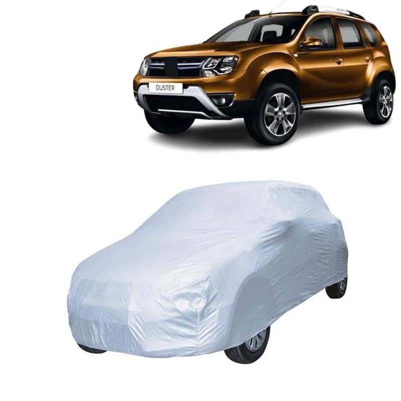 Autoreatil Top Seeling UV Protection Fully Body Car Cover for Renault Duster (All Models Compatible) Heat Resistant,Triple Stitch, Buckle with Strong Strap Without Mirror_Silver