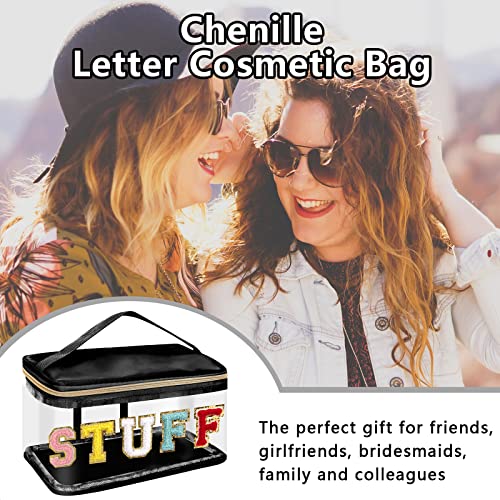 Iqimott Preppy Clear Makeup Bag Stuff Pouch, Chenille Letter Cosmetic Bag for Women Girls, Nylon PVC Toiletry Storage Handbag, Travel Transparent Waterproof Zipper Pouch with Handle(Stuff, Black) by Iqimott - Image 5
