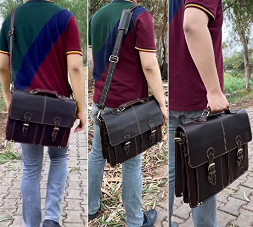 Rustic Town Handmade 16 Inch Brown Leather Shoulder Briefcase Messenger Bag Men's 15.6-Inch Laptop Satchel #TOP5
