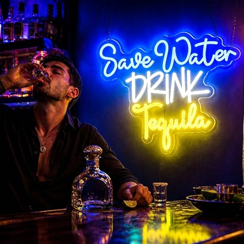Image of Blue&Yellow Neon Sign Led Neon Lights Signs for Wall Decor USB Powered Led Signs for Room Decoration-Save Water Drink Tequila