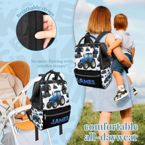 Image of Large Diaper-Bag-Backpack Waterproof Nappy-Bag Baby-Gifts Blue Tractor | Monogrammed Baby Backpack for Traveling Stroller Organizer Mommy Bag for New Parents Personalized Baby Shower Gifts