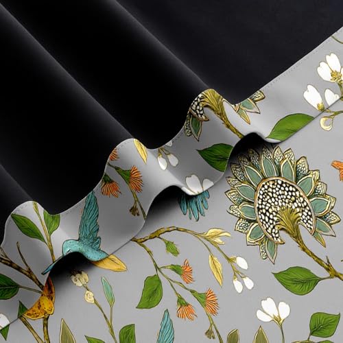 Image of BFAM Floral Print 100% Blackout Curtain with Black Linning at Back,Grey Bird Print Curtains for Living Room /Bedroom Thermal Insulated Energey Saving 7 Feet Pack of 1 Curtain