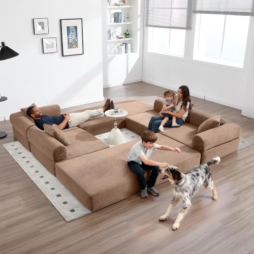 Image of L-Shape Modular Sectional Sofa Bed, Corduroy Boneless Couch, Brown