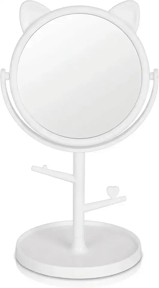 Espelho de Mesa Giratório com Design de Gatinho, 21x12cm, Decorativo para Penteadeira, Quarto e Banheiro, com Suporte para Acessórios (Branco)