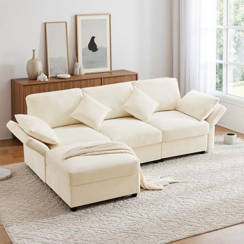 Vepssder - Sofá tapizado, moderno, sofá esquinero en L con reposapiés, 4 cojines, reposabrazos ajustables, sofá de 3 plazas, adecuado para salón, oficina, apartamento (D-Beige + oruga)