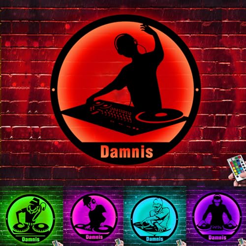 Giradischi musicale personalizzato, decorazione da parete in metallo con luce a LED, targhetta personalizzata con nome DJ studio regalo per gli amanti della musica, insegnante di musica rock