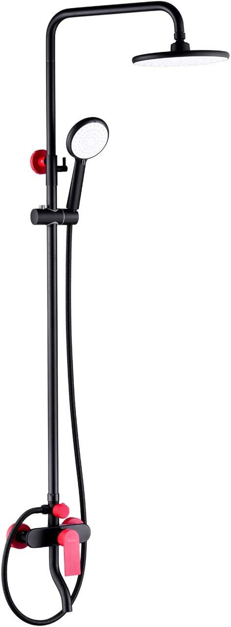 Amazon Crazy 🔥 Deals PHASAT Shower Fixtures Brass Bathroom Faucet Set with ABS Rainfall Showerhead,ABS Handheld Shower Wall Mount Adjustable Shower Bar 3 Function Matte Black Red,PTSR02U