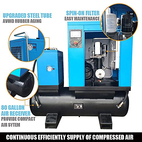 Hpdavv Total Rotary Screw Air Compressor With Asme Tank & Refrigerated Dryer - 20Hp/ 15Kw - 80Cfm/ 150Psi - 230 V/ 3-Phase/ 60Hz - 80 Gallon All-In-One Side Industrial Air Compressed System #TOP6