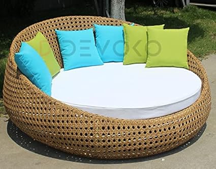 DEVOKO Outdoor Wicker Rattan Unique Design Daybed Furniture Set for Pool Side, Garden, Balcony, Porch, Backyard, Terrace, Patio, Beach (Honey Color Wicker and White Cushion)