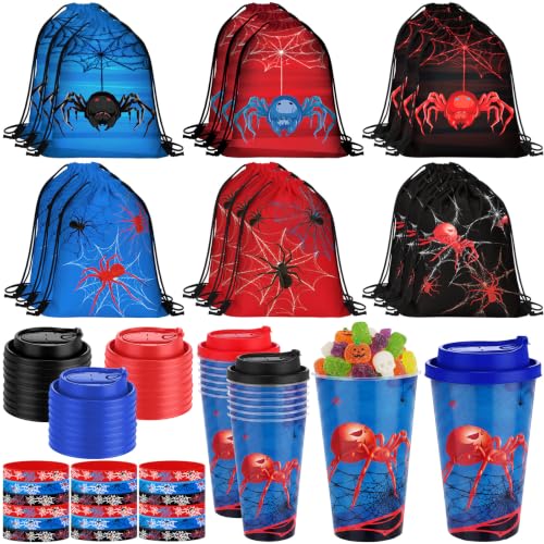 Potchen 72 Pcs Spider Party Favors Spiderweb Birthday Bags Cups Bracelets