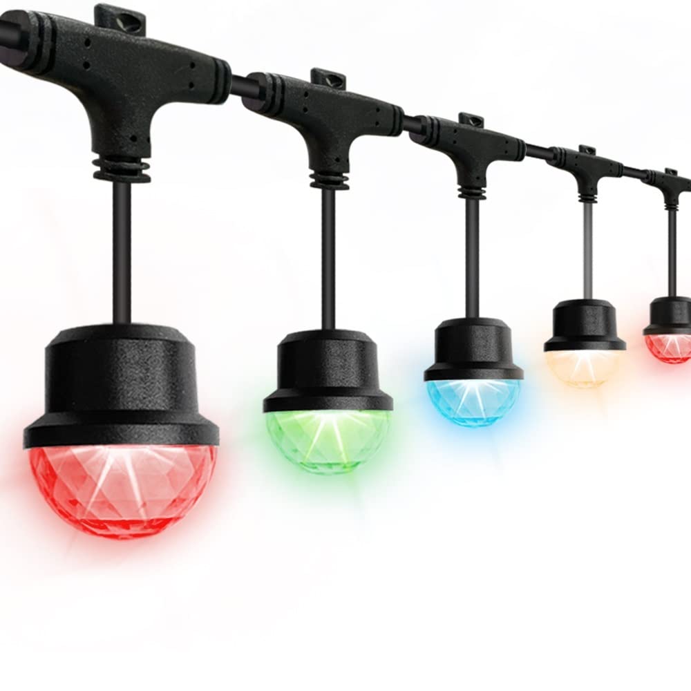 Outdoor String Lights, Waterproof LED Patio String Lights,40FT Multi Color Changing Festooon Light with 15 Bulbs, Dimmable Fairy Lights for Garden Decoration Wedding Party Christmas Holiday Cafe Shop