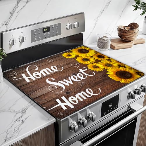 Image of Home Sweet Home Stove Top Covers for Electric Stove, Wooden Grain Electric Gas Stove Pad Heat Resistant Range Cooktop Protector for Home Decor Kitchen 28 inchx20 inch
