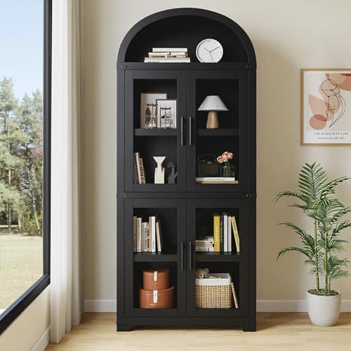 GarveeHome Arched Bookshelf with Doors Farmhouse Bookcase 15.83in Depth Display Storage Shelves 71.4in Tall Wooden Display Cabinet Rounded Bookcases for Living Room, Kitchen, Office (Black)