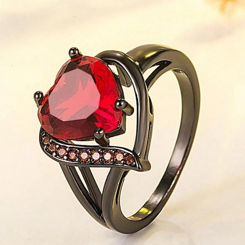 Black Engagement Rings Red Heart Cubic Zirconia Rings Metal Rings Romantic Gifts for Mom and Wife (Size-7)3