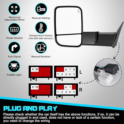 Image of Smoked Power Heated Tow Mirrors Compatible with 2009-2018 Dodge Ram 1500