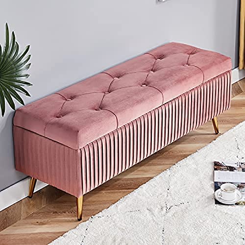 Banco otomano moderno de terciopelo con almacenamiento y tapa abatible, taburete para sala de estar, reposapiés para dormitorio, entrada, botón rectangular, azul, 60 x 40 x 45 cm (24 x 16 x 18