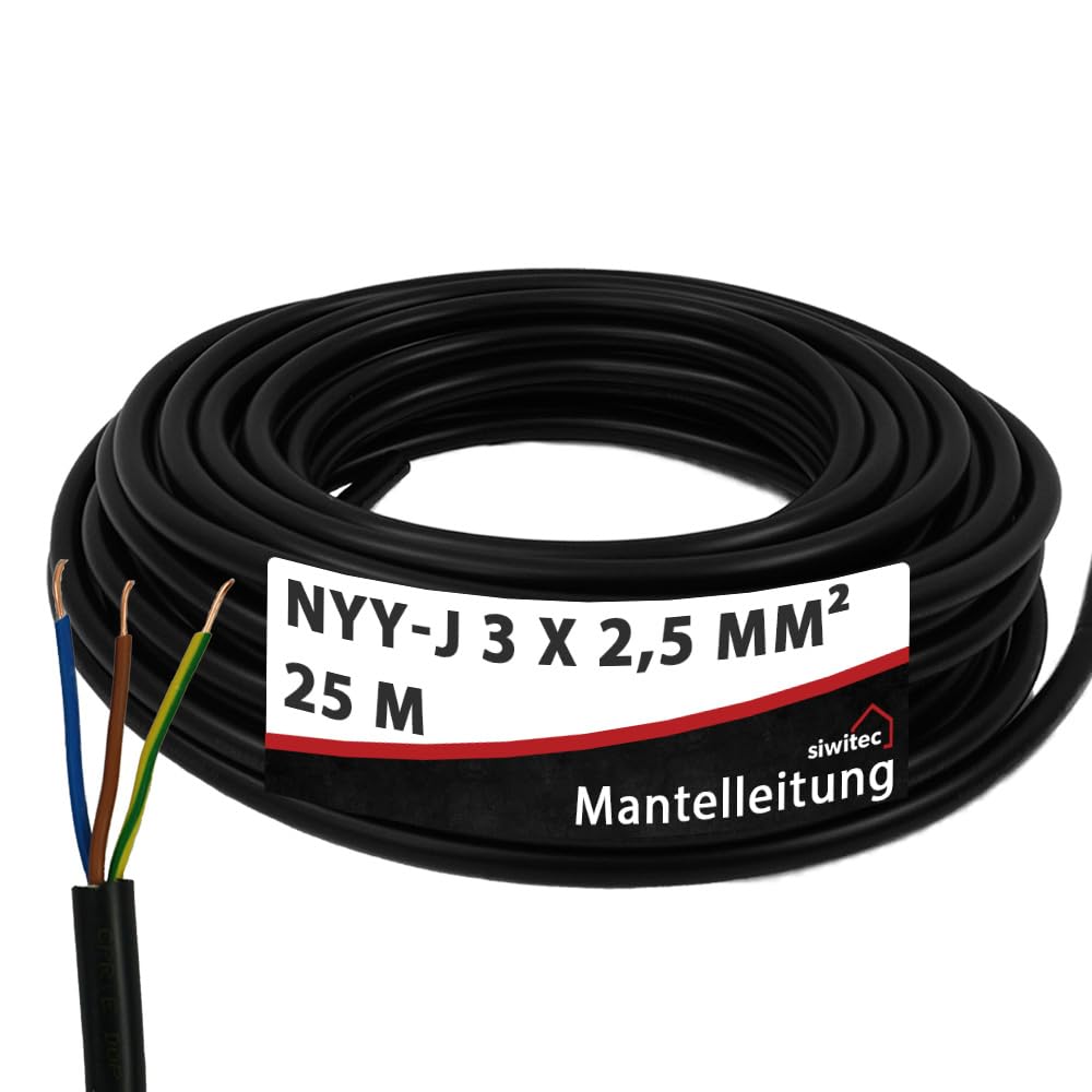 siwitec NYY-Kabel, NYY-J 3x2,5 mm², 25 m, Erdkabel, Installationskabel, Erdleitung, Kabelring - Made in Germany