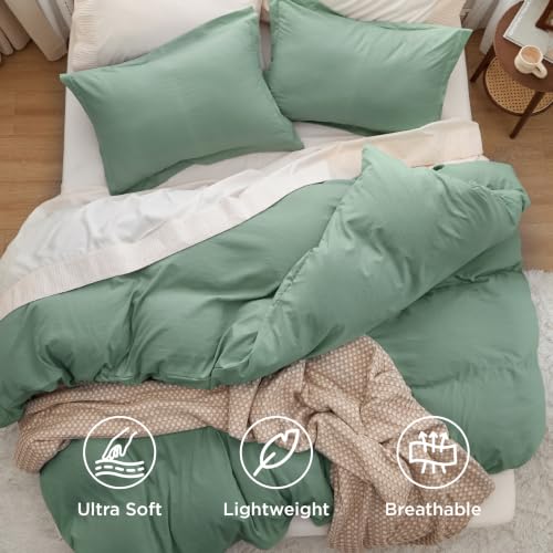 Image of Bedsure Prewashed Oversized Queen Duvet Cover, Cotton-Like Set, Sage Green | Ultra Soft, Relaxed Texture, 98 inchx98 inch Breathable Comfort, Hidden Zipper, 8 Corner Ties, Easy Care, OEKO-TEX, Year-Round Use