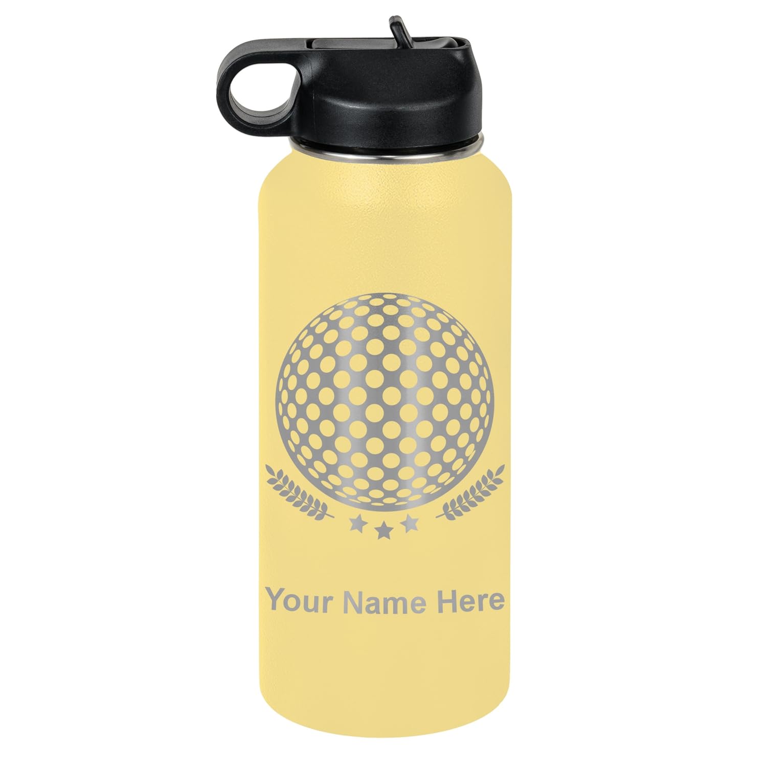 LaserGram Personalized Water Bottle, Golf Ball, Stainless Steel Double Wall Vacuum Insulated with Flip Top Straw, Custom Engraved Gift (32oz / 950ml Yellow)