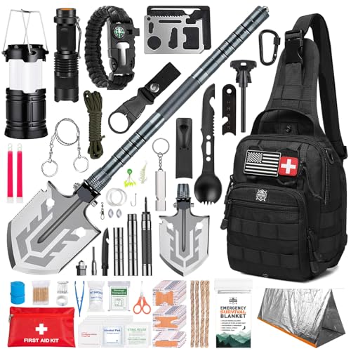 Monterra Kit de supervivencia, 265 piezas, equipo y suministros de emergencia, primeros auxilios, bolsa de emergencia, EDC, mochila con sistema Molle, senderismo, camping, accesorios al aire libre