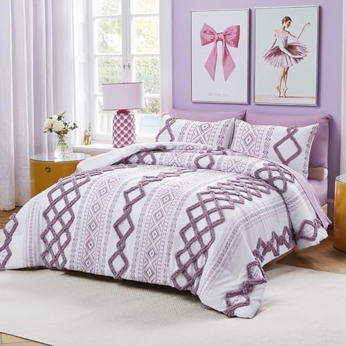 Image of MOVE OVER 7 Pieces Purple Tufted Bed in a Bag King Size Boho Chic Farmhouse Bedding Set Soft Microfiber Ethnic Aztec Comforter Sets for Bedroom Mid-Century Bohemian Bedding Comforter Set