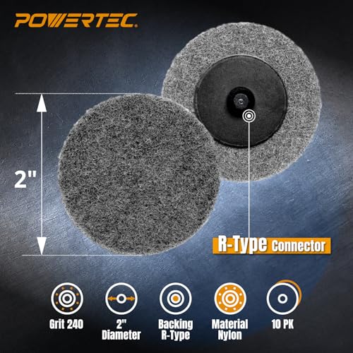 Image of POWERTEC 2-Inch Sanding Discs for Die Grinder & Power Drill - 10pcs Quick Change Type R Discs, 240 Grit Aluminum Oxide Non-Woven Nylon Surface Conditioning Pads for Metal, Wood & Paint Removal (11406)
