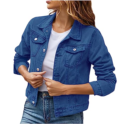 Lmdudan Women's Long Sleeve Button Down Wash Denim Jacket Ladies Retro Western Jean Jacket Winter Fall Coat Tops & Pockets
