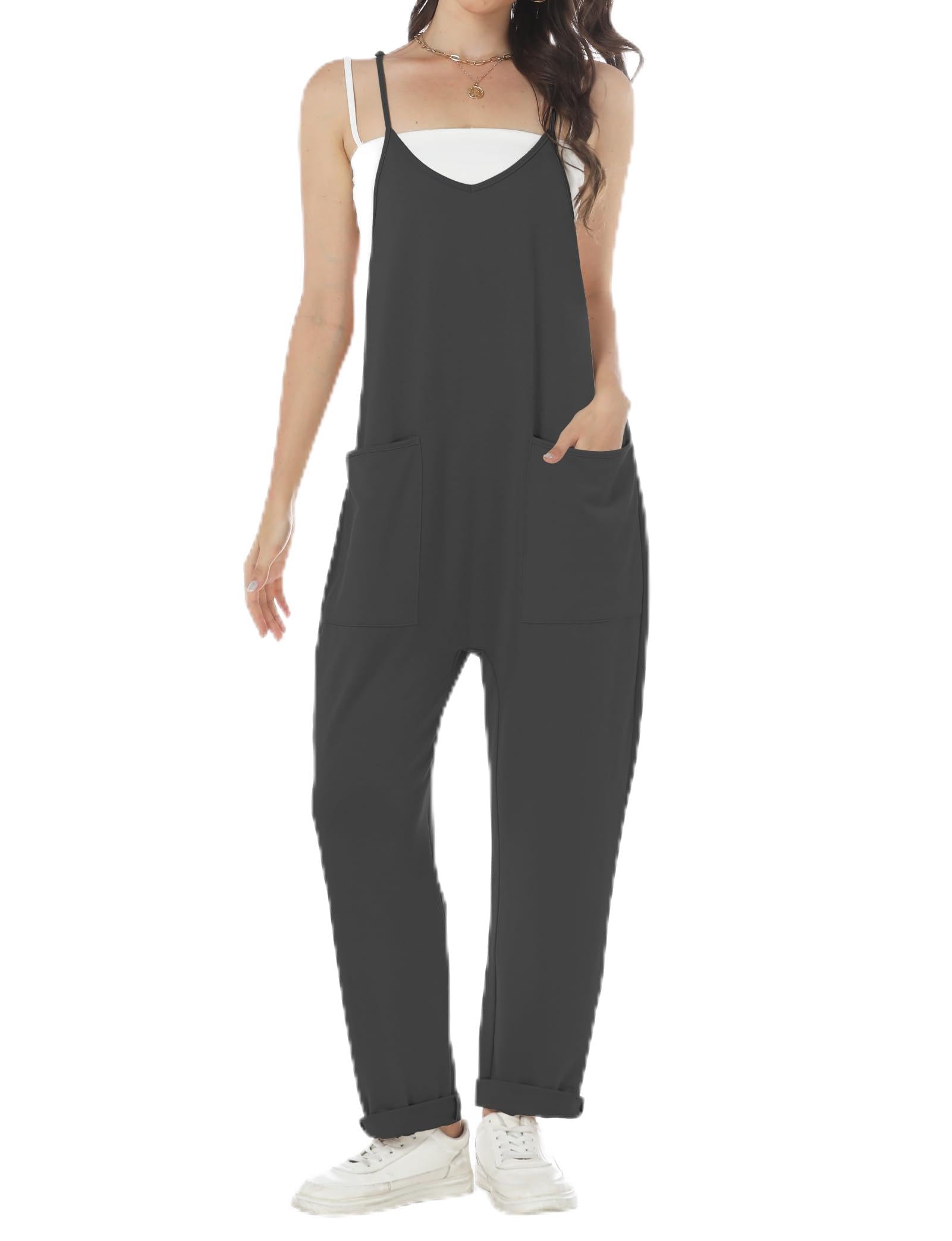 Buauty Jumpsuits for Women Casual V Neck Sleeveless Baggy Overalls Spaghetti Strap Jumpers with Pockets Summer Romper Clothes