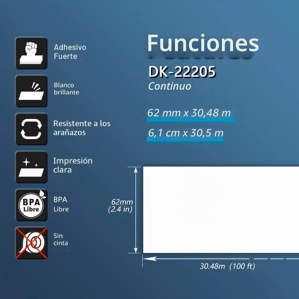 BETCKEY DK-22205 Etiquetas Adhesivas 62mm x 30.48m 10 Rollos Papel Térmico para Brother QL