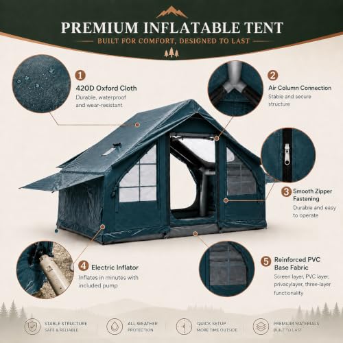 Carpa Inflable para Camping con Bomba de Aire Eléctrica - Carpa Cabina Inflable de Oxford 420D Resistente - Inflado Automático en 5 Minutos con Claraboya Panorámica y Chimenea para Camping 4 Estaciones (4-6 Personas) miniatura 3
