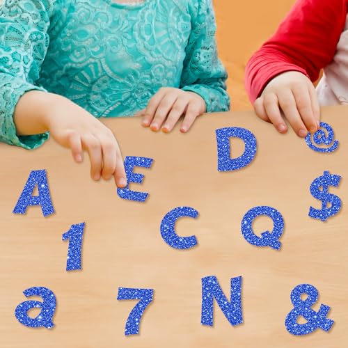 Image of Colarr 216 Pcs Glitter Bulletin Board Letters for Classroom 4 Inch Patriotic Alphabet Punctuation Symbol Cutout Die-Cut Blue Poster Letter with Adhesive Dot School Party Holiday Decor Display
