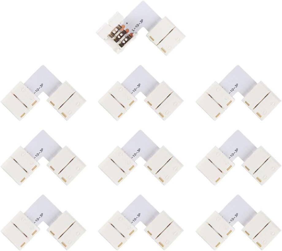 L Shape 3 Pins Connector 10-Pack Excellux 10mm LED Strip Light Corner Solder-Less Connector for WS2811B WS2811 LED Strip Light (LED Connection, L Shape)